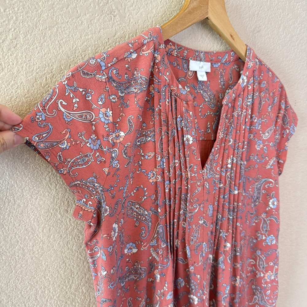 J Jill Paisley Print Dress Short Sleeve Pink Casual Stretch Pockets Size S - Picture 4 of 12